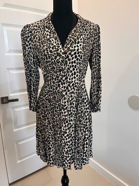 Leopard Print Long-Sleeve Shirt Dress in Black and Cream